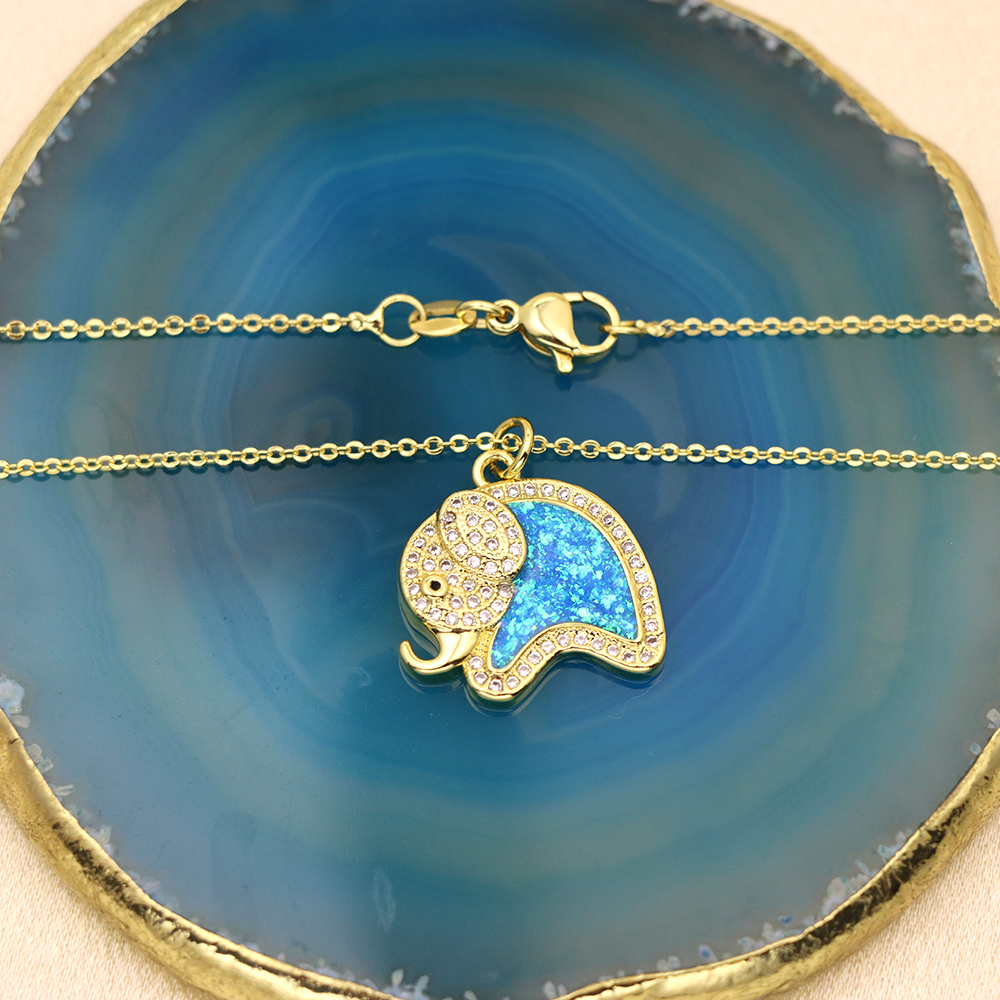 Opal Copper Gold-Plated Elephant Pendant Necklace - Animal Jewelry