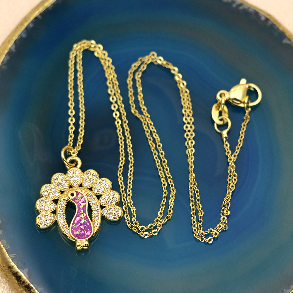 Opal Copper Gold-Plated Peacock Pendant Necklace