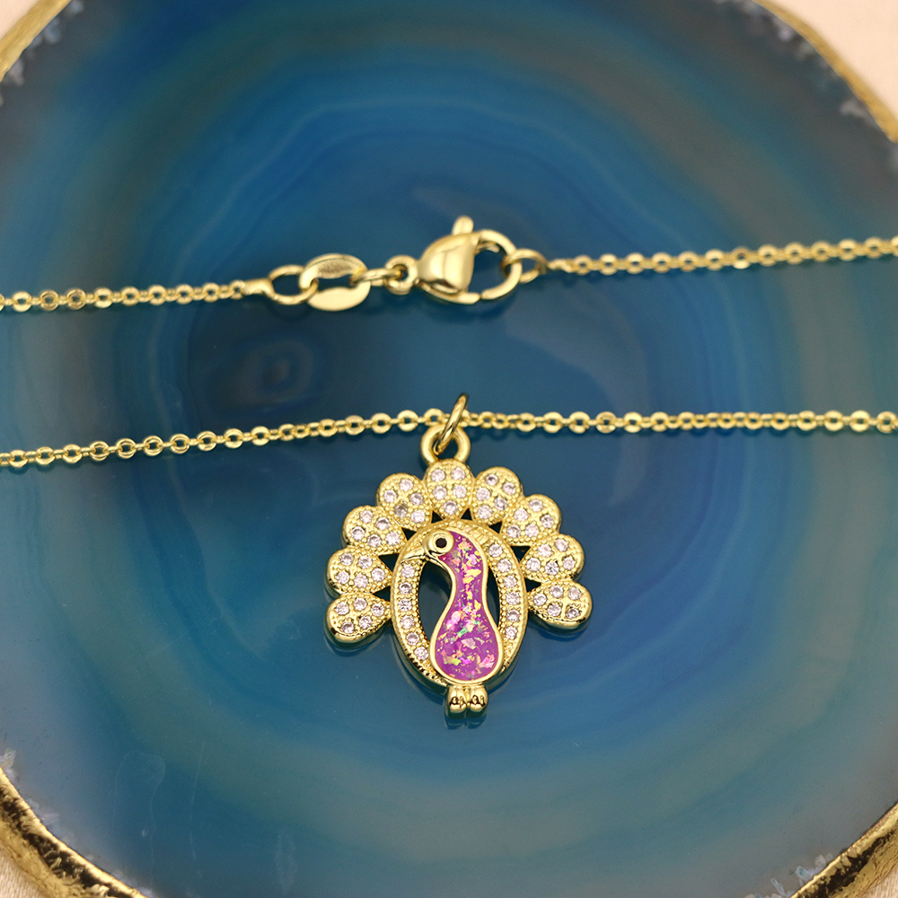 Opal Copper Gold-Plated Peacock Pendant Necklace