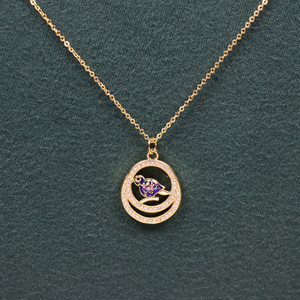 Opal Copper Gold-Plated Round Bird Pendant Necklace