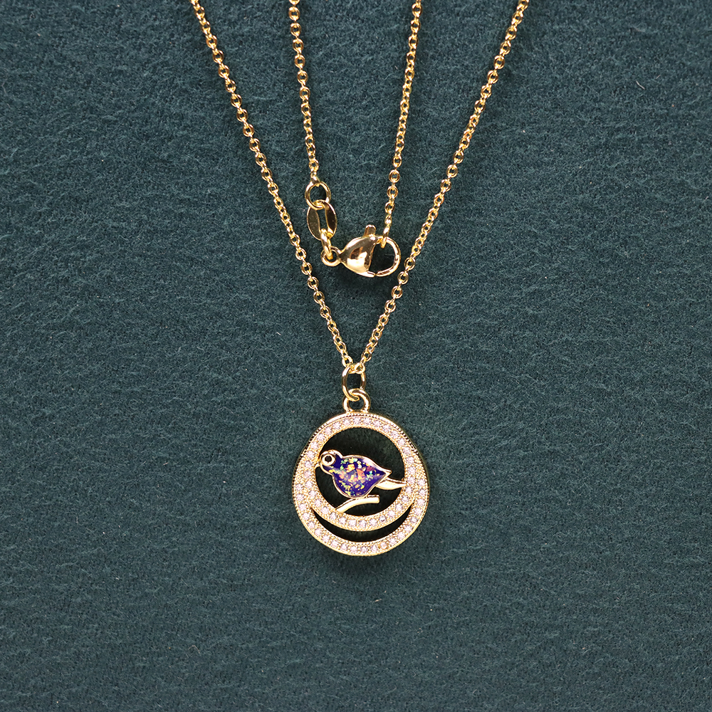 Opal Copper Gold-Plated Round Bird Pendant Necklace