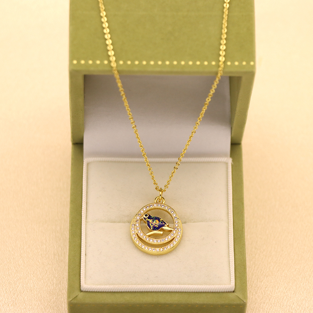 Opal Copper Gold-Plated Round Bird Pendant Necklace