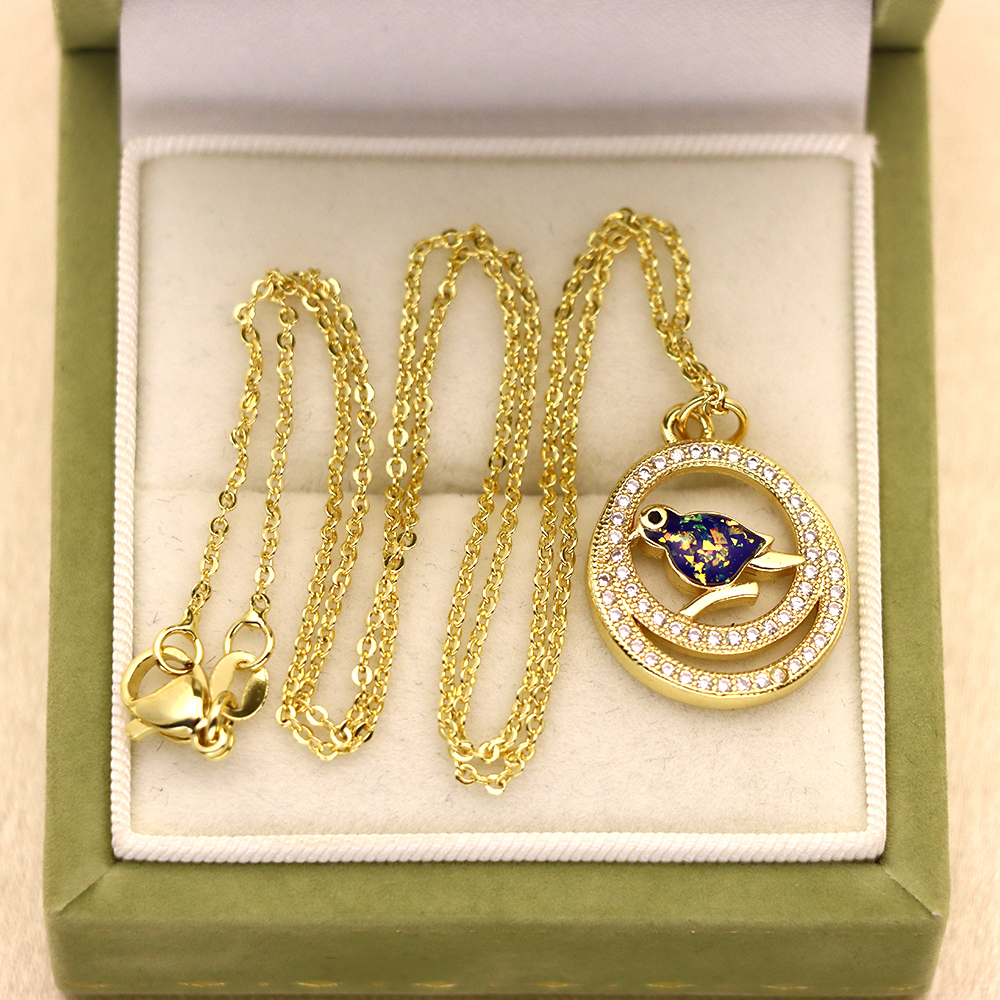 Opal Copper Gold-Plated Round Bird Pendant Necklace