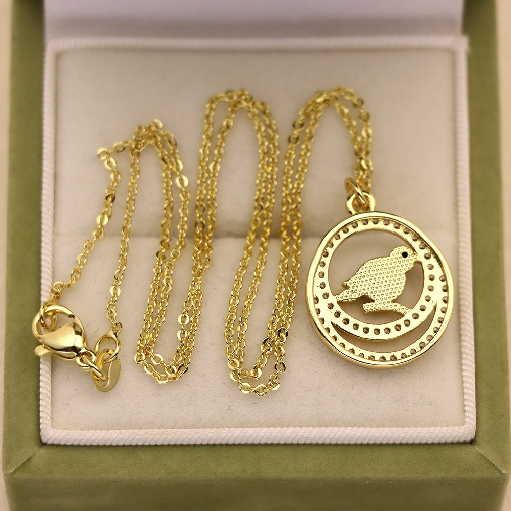 Opal Copper Gold-Plated Round Bird Pendant Necklace