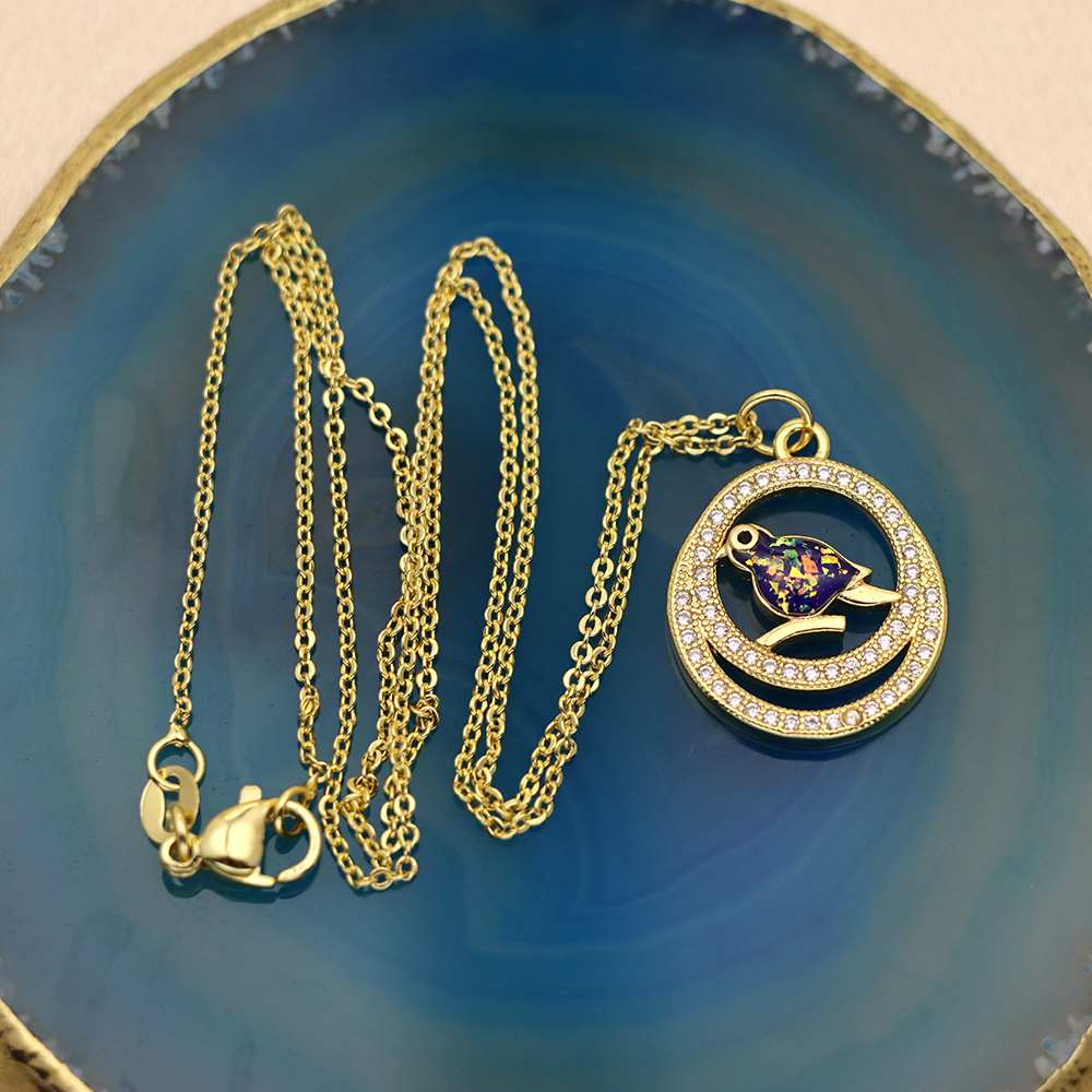 Opal Copper Gold-Plated Round Bird Pendant Necklace
