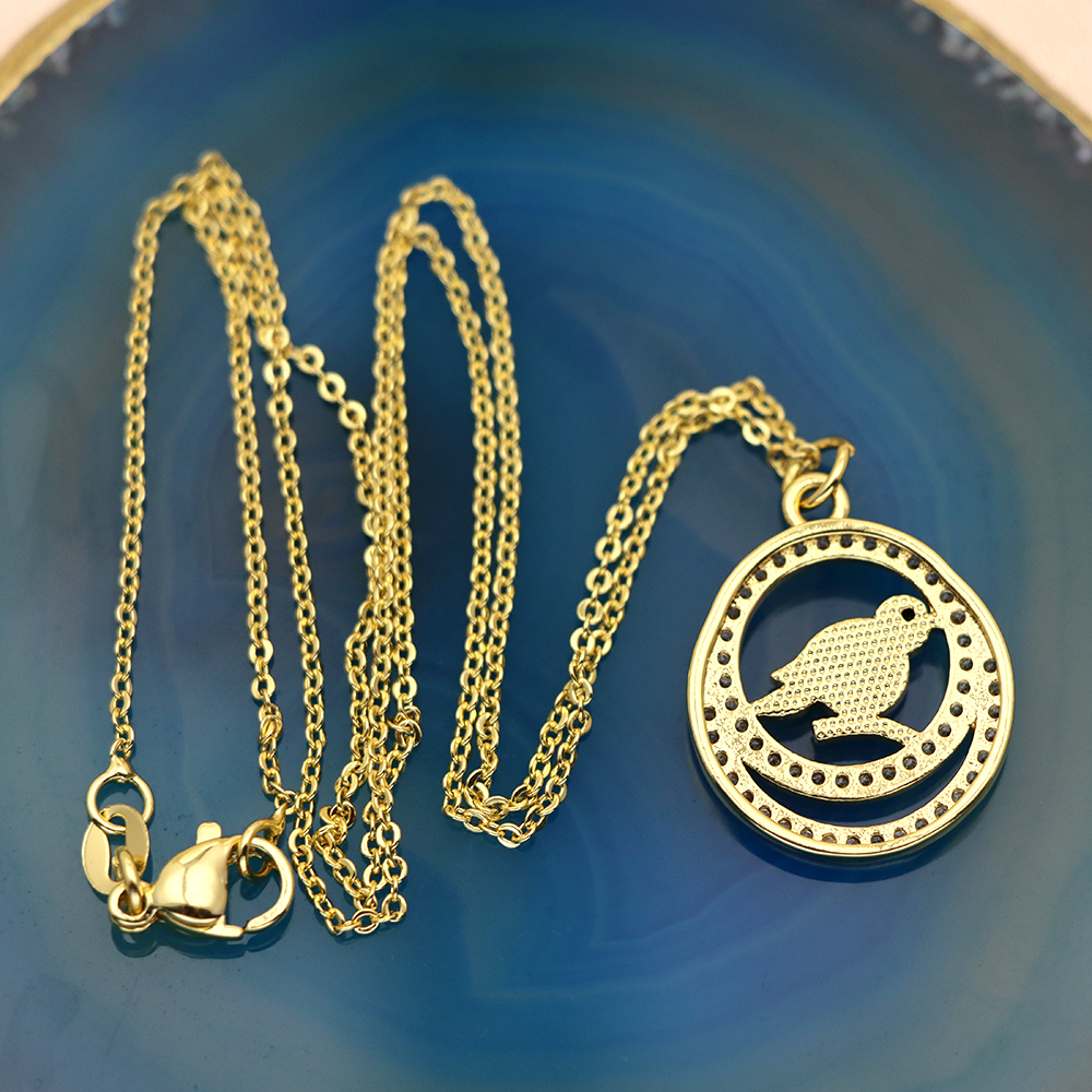 Opal Copper Gold-Plated Round Bird Pendant Necklace