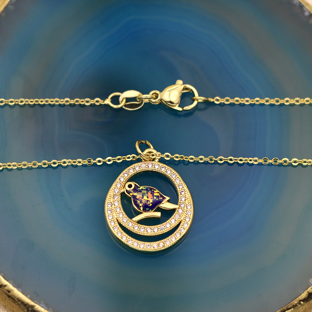 Opal Copper Gold-Plated Round Bird Pendant Necklace