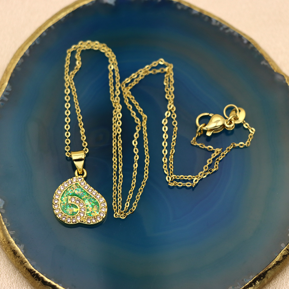 Opal Copper Gold-Plated Heart Pendant Fashion Necklace