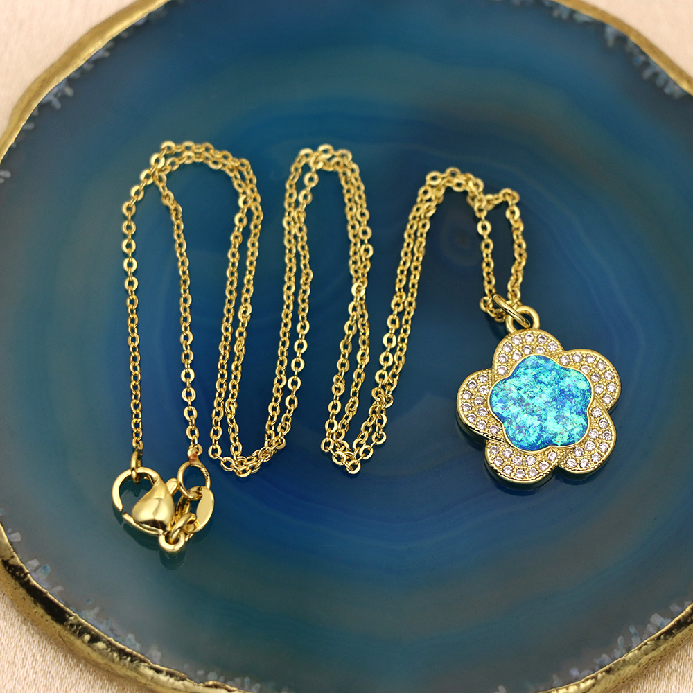 Opal Copper Gold-Plated Flower Pendant Fashion Necklace