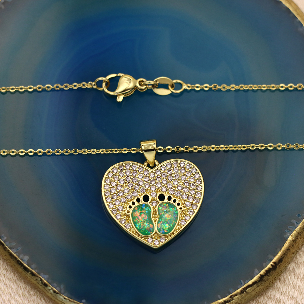 Opal Copper Gold-Plated Heart Paw Print Pendant Necklace