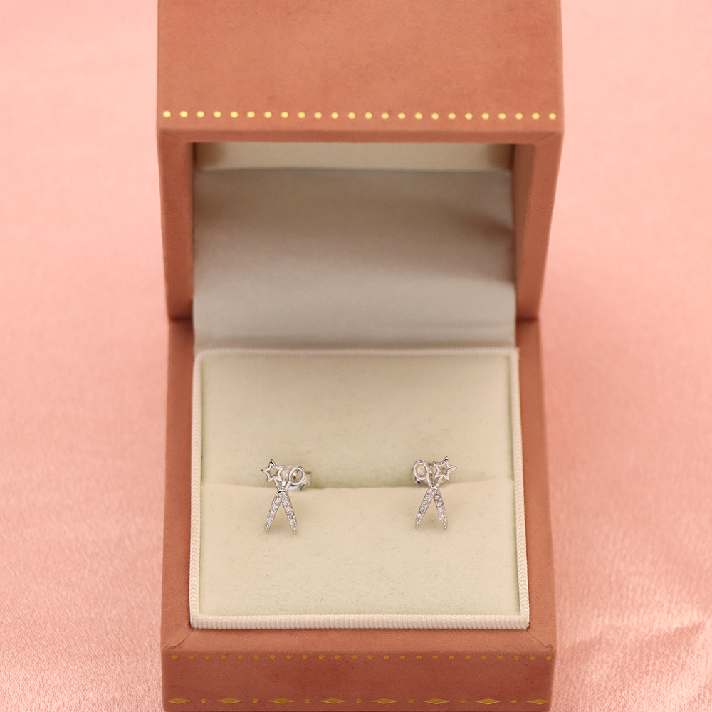 S925 Sterling Silver Star - and - Scissors - shaped Stud Earrings