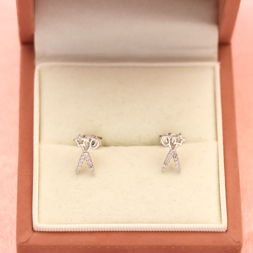 S925 Sterling Silver Star - and - Scissors - shaped Stud Earrings