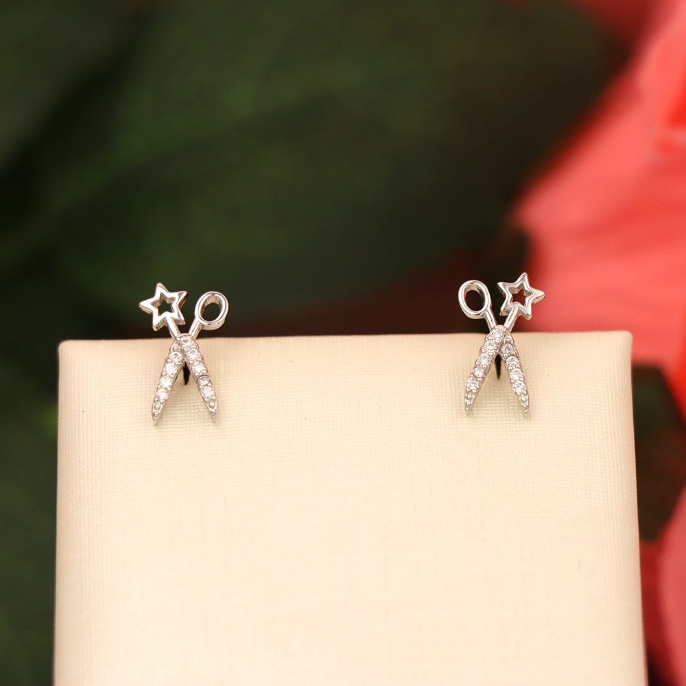 S925 Sterling Silver Star - and - Scissors - shaped Stud Earrings