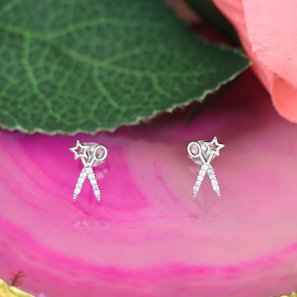 S925 Sterling Silver Star - and - Scissors - shaped Stud Earrings
