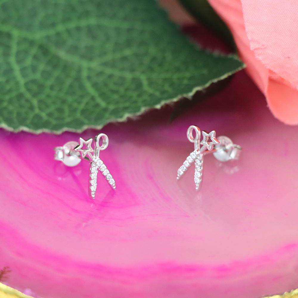 S925 Sterling Silver Star - and - Scissors - shaped Stud Earrings