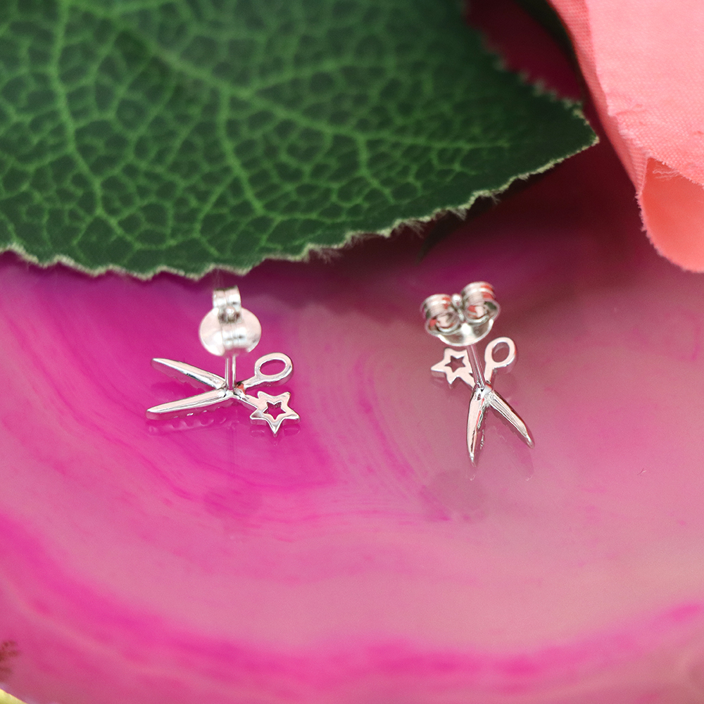 S925 Sterling Silver Star - and - Scissors - shaped Stud Earrings