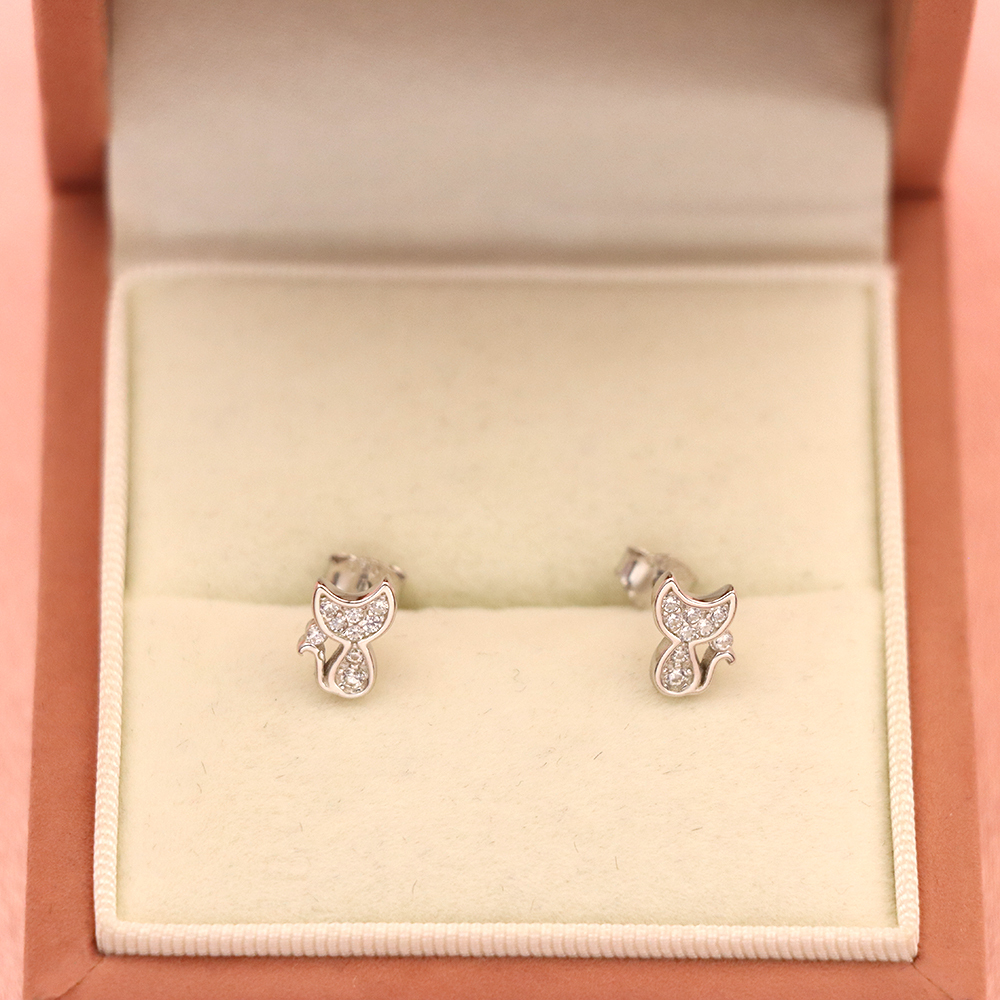 S925 Sterling Silver Kitten - shaped Diamond - Inlaid Earrings
