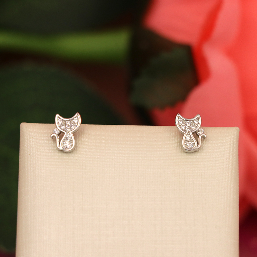 S925 Sterling Silver Kitten - shaped Diamond - Inlaid Earrings