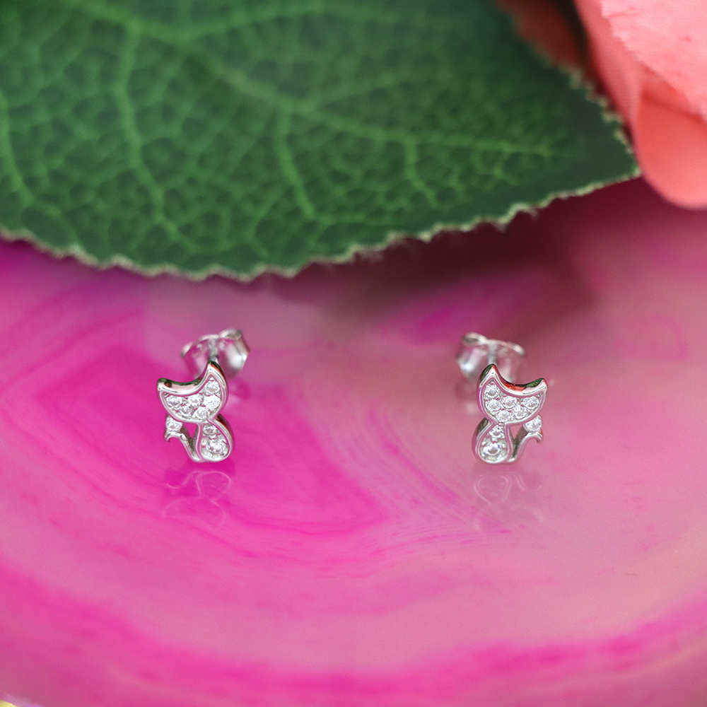 S925 Sterling Silver Kitten - shaped Diamond - Inlaid Earrings