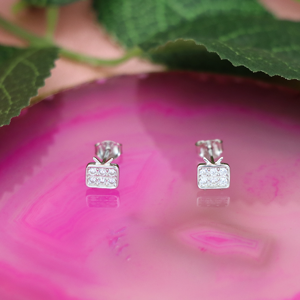S925 Sterling Silver Small TV - shaped Diamond - Inlaid Earrings