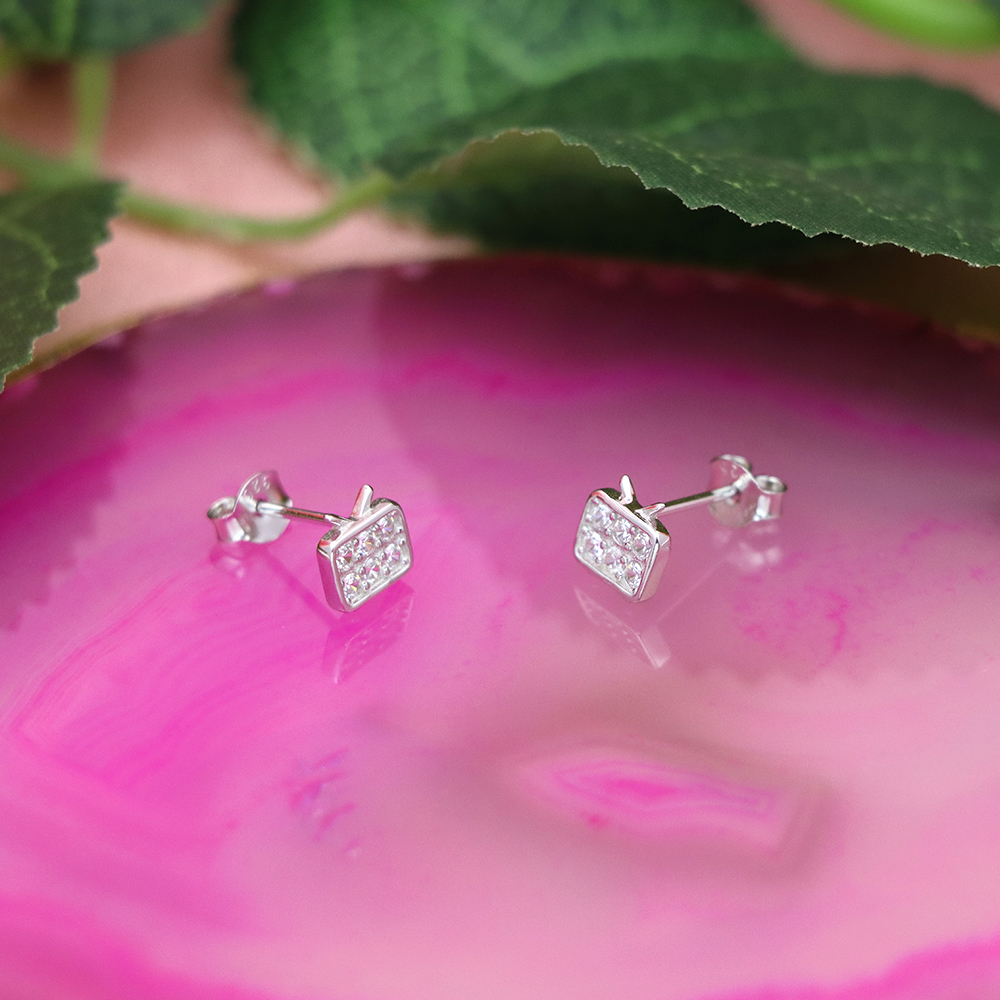 S925 Sterling Silver Small TV - shaped Diamond - Inlaid Earrings