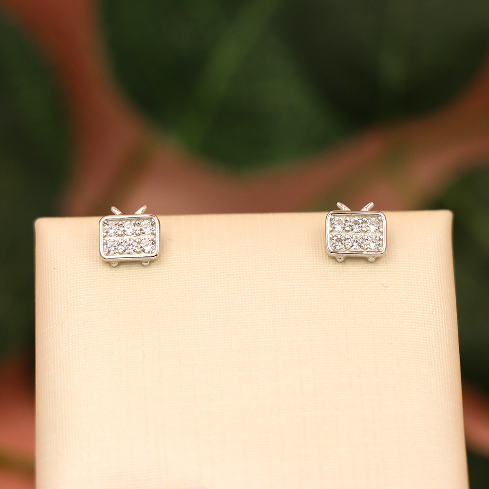 S925 Sterling Silver Small TV - shaped Diamond - Inlaid Earrings
