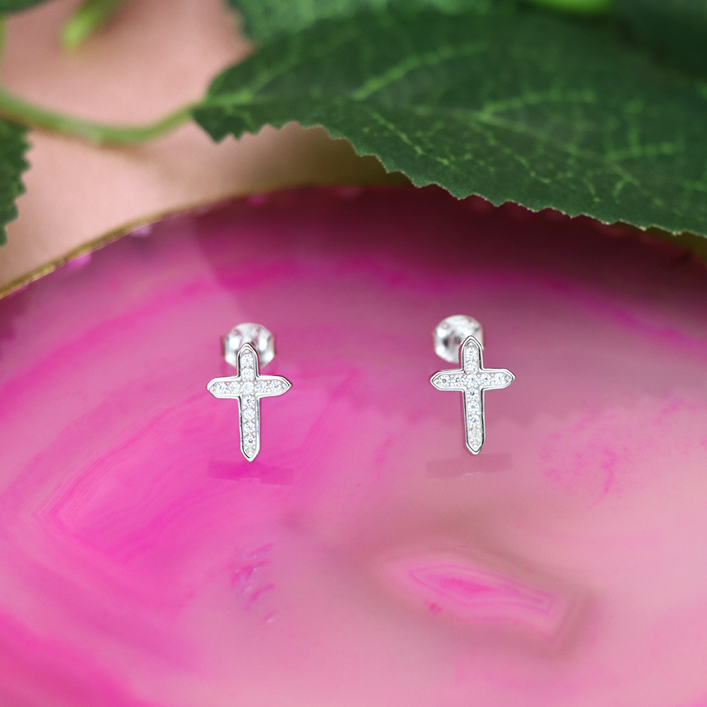 S925 Sterling Silver Diamond - Inlaid Cross Stud Earrings