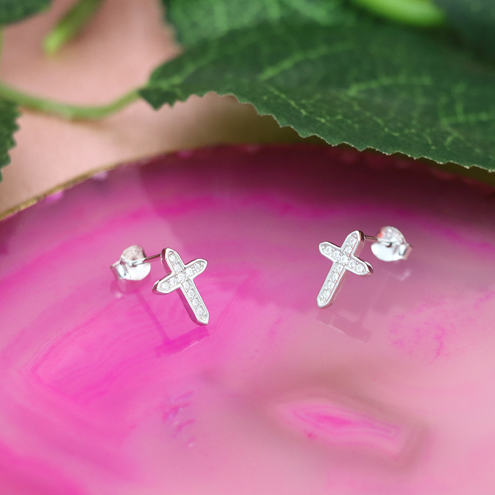 S925 Sterling Silver Diamond - Inlaid Cross Stud Earrings