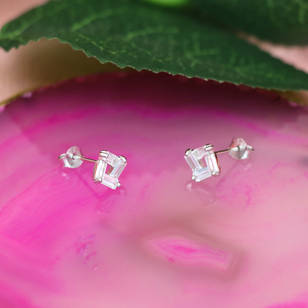 S925 Sterling Silver Square - shaped Diamond - Inlaid Earrings