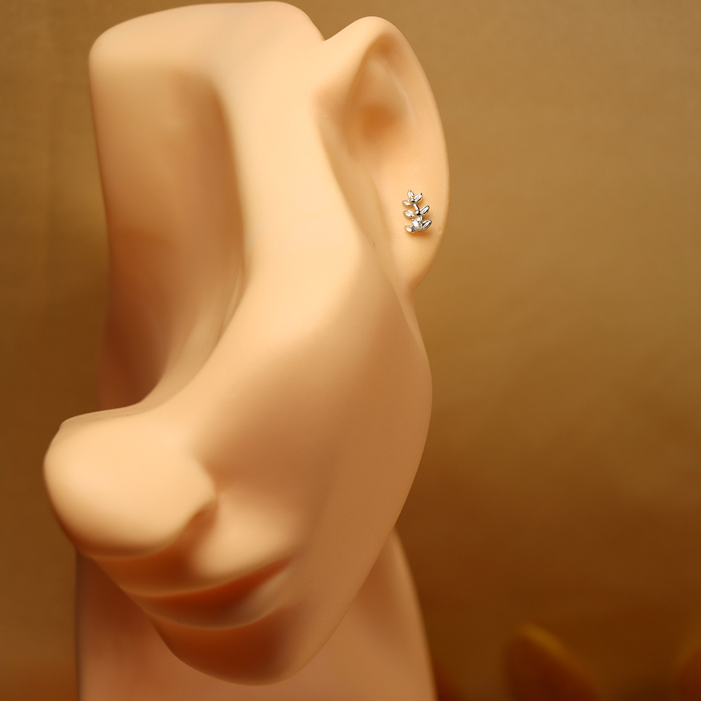 S925 Sterling Silver Earrings with Inlaid Diamonds in the Shape of Leaves
