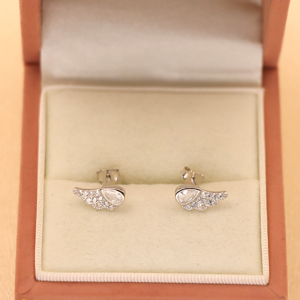 S925 Sterling Silver Earrings with Micro-Inlaid Cubic Zirconia in Angel Wings