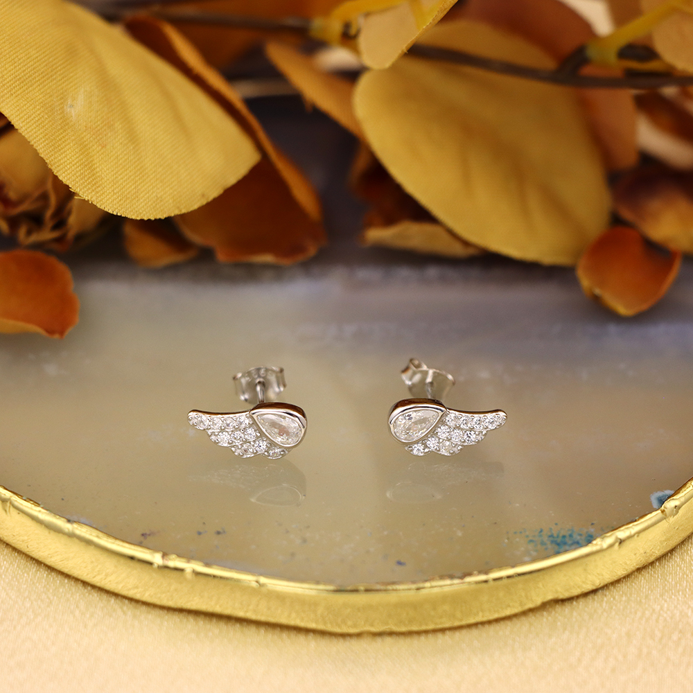 S925 Sterling Silver Earrings with Micro-Inlaid Cubic Zirconia in Angel Wings