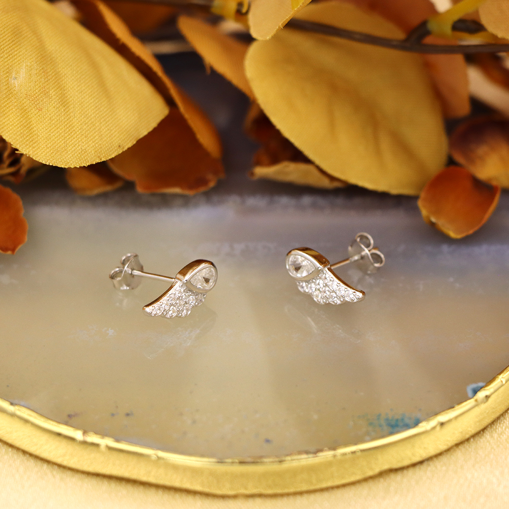 S925 Sterling Silver Earrings with Micro-Inlaid Cubic Zirconia in Angel Wings