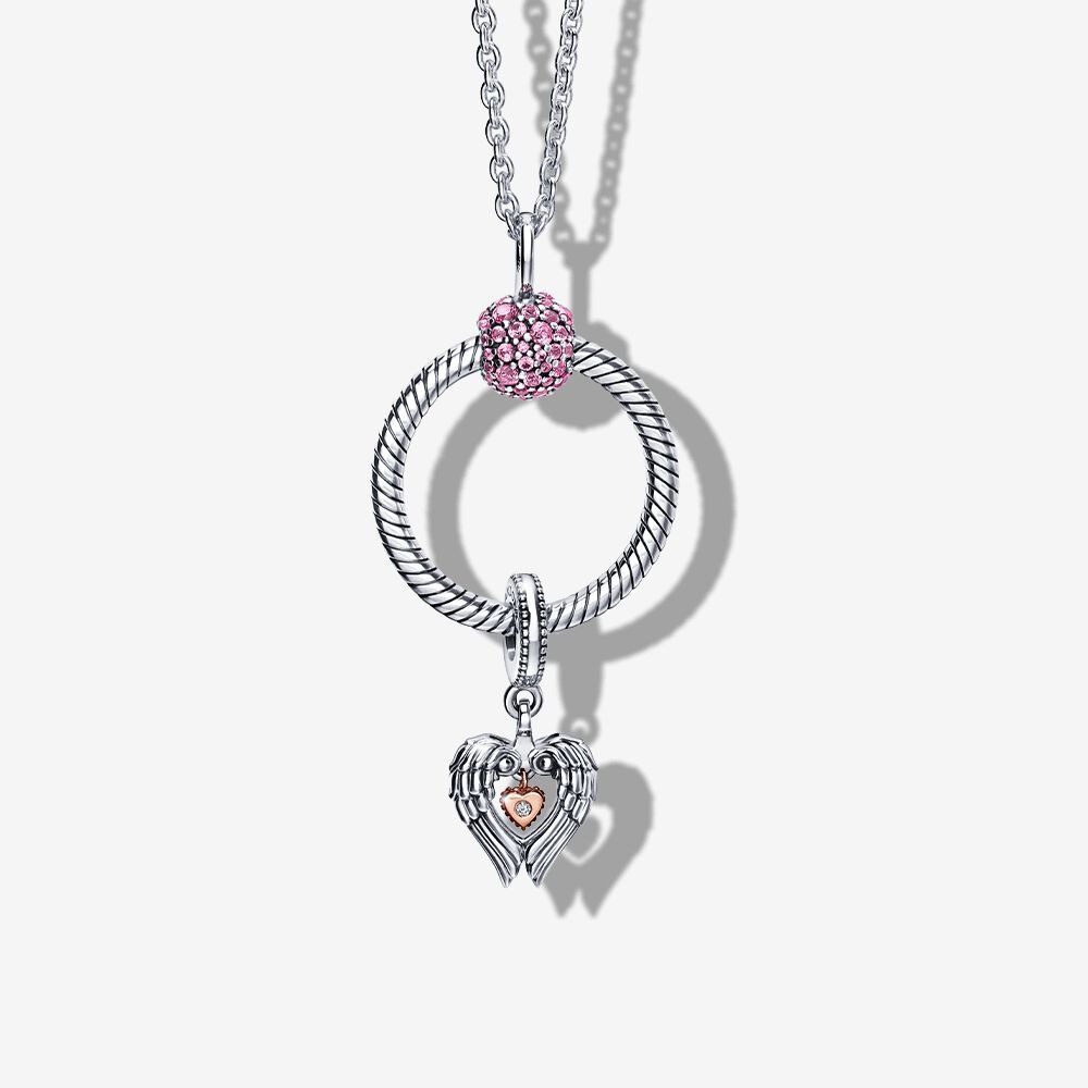 Pandora silver S925 Angel wings and hanging hearts pendant necklace
