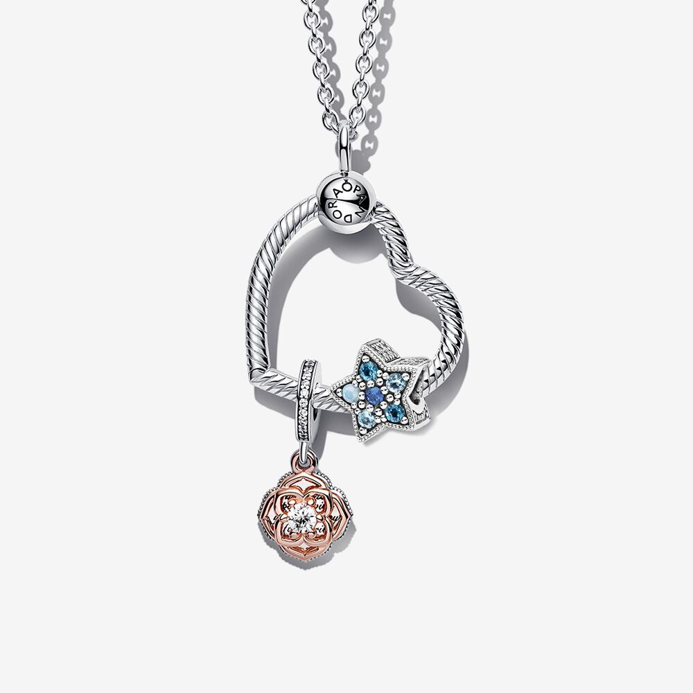 Pandora silver S925 Double color roses stars shining pendant necklace