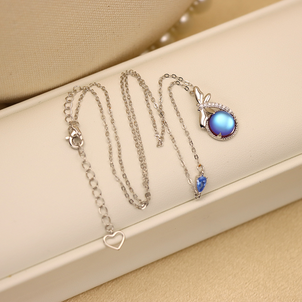 S925 Sterling Silver Dragonfly Necklace Micro-set Moonstone Collarbone Pendant