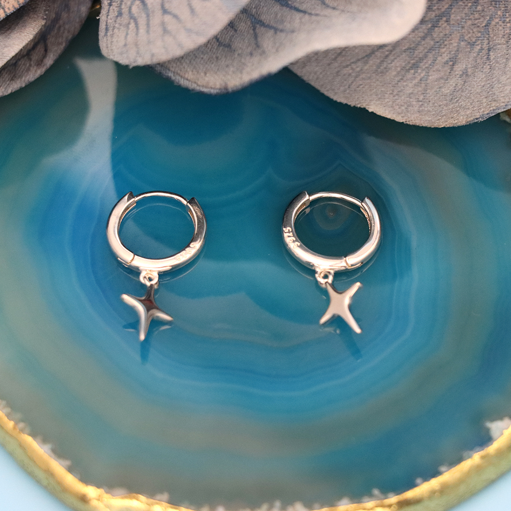 S925 Sterling Silver Four-pointed Star-shaped Pendant Ear Clasps