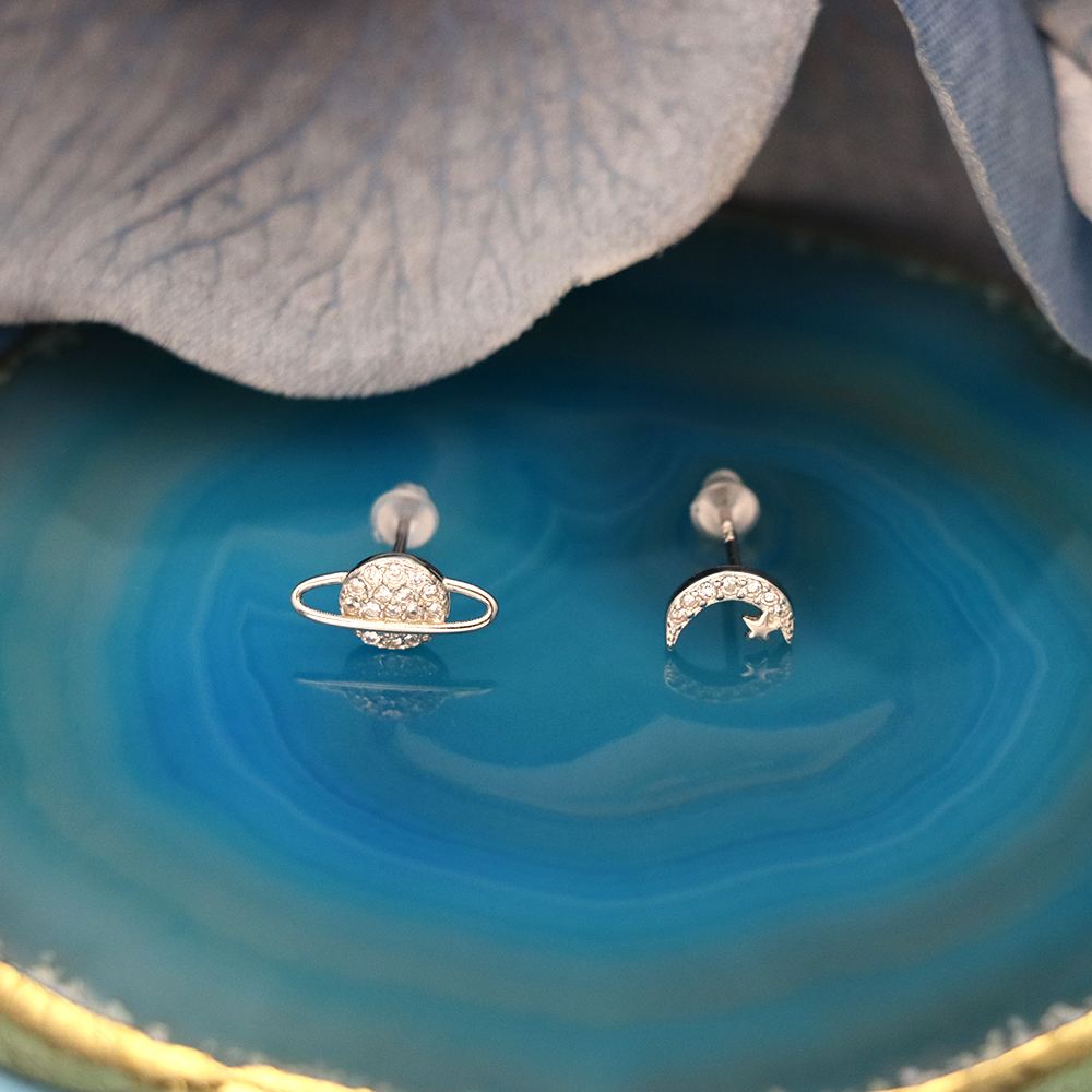 S925 Sterling Silver Asymmetric Moon and Planet-shaped Stud Earrings