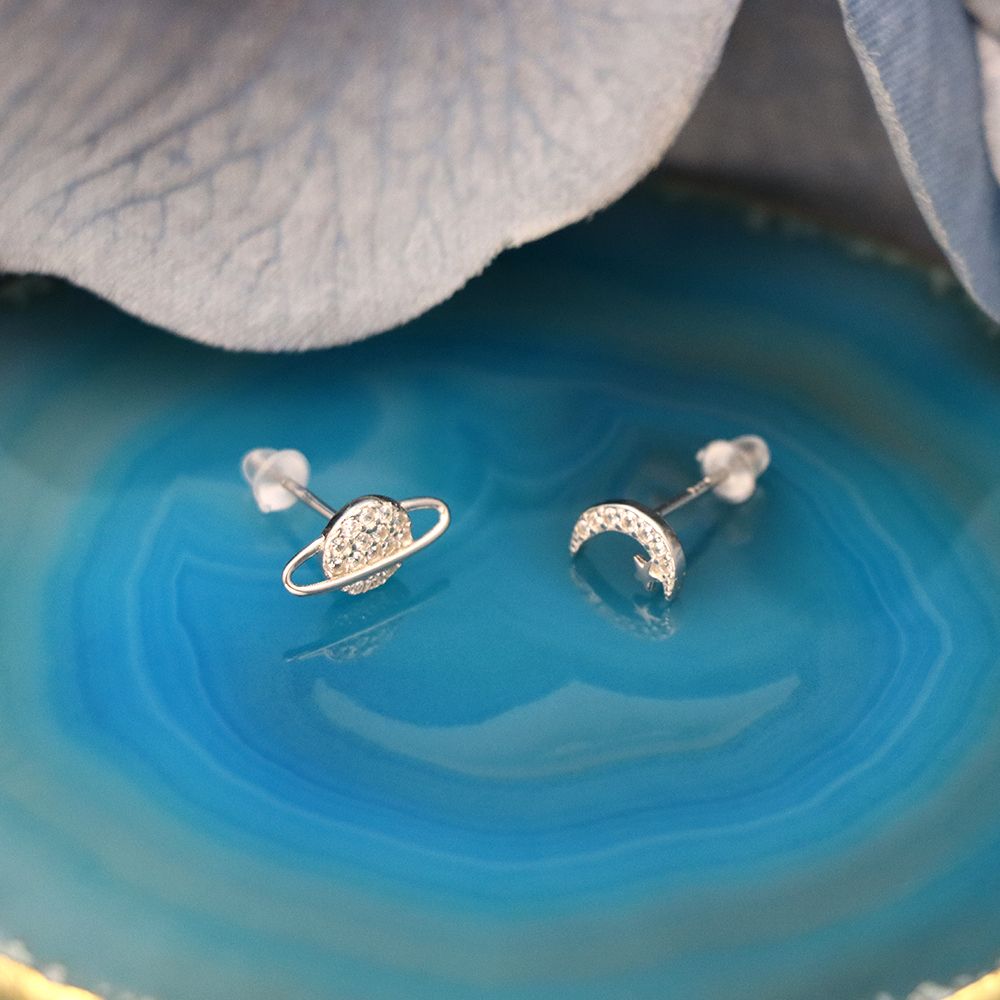 S925 Sterling Silver Asymmetric Moon and Planet-shaped Stud Earrings