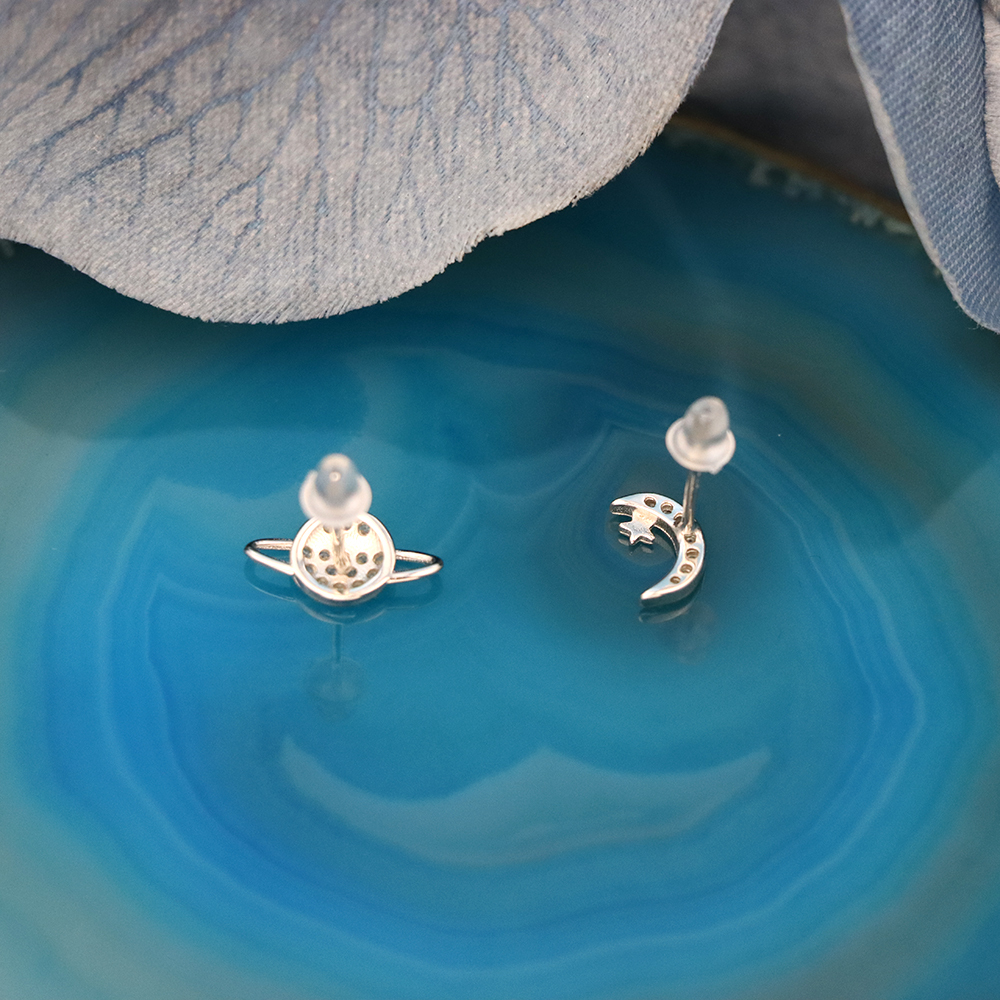 S925 Sterling Silver Asymmetric Moon and Planet-shaped Stud Earrings