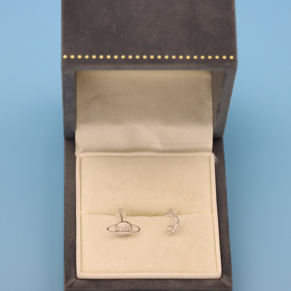 S925 Sterling Silver Asymmetric Moon and Planet-shaped Stud Earrings
