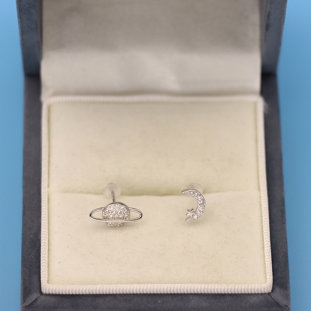 S925 Sterling Silver Asymmetric Moon and Planet-shaped Stud Earrings