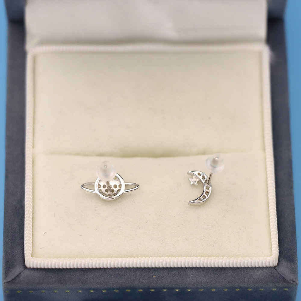 S925 Sterling Silver Asymmetric Moon and Planet-shaped Stud Earrings