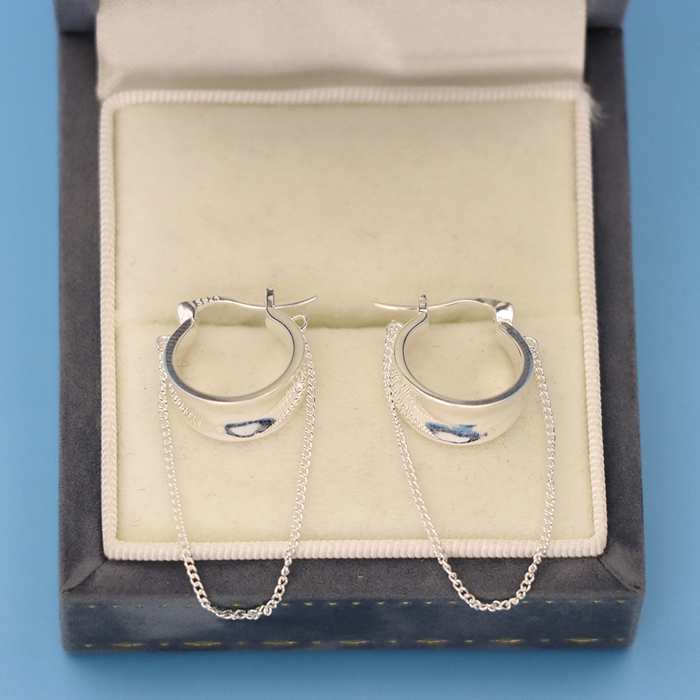 S925 Sterling Silver Chain Tassel Ear Clasps, Wide-faced Hoop Earrings for Women