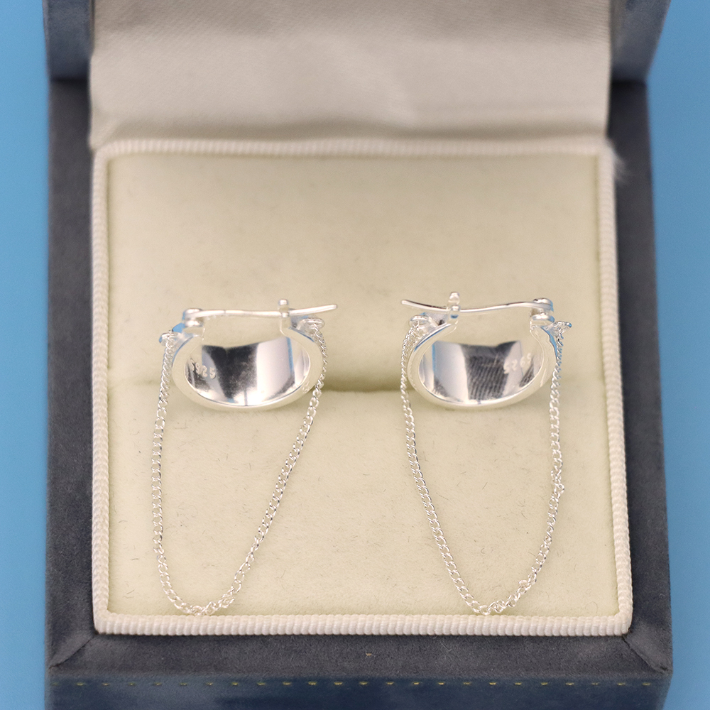 S925 Sterling Silver Chain Tassel Ear Clasps, Wide-faced Hoop Earrings for Women