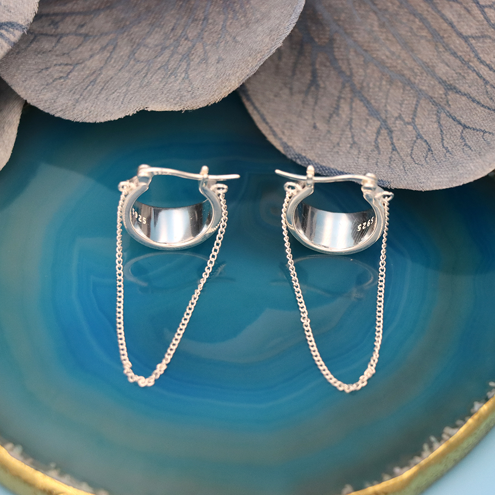 S925 Sterling Silver Chain Tassel Ear Clasps, Wide-faced Hoop Earrings for Women