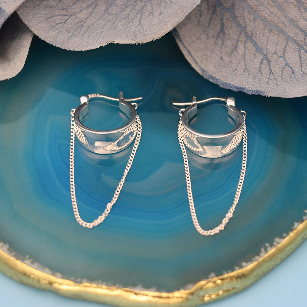 S925 Sterling Silver Chain Tassel Ear Clasps, Wide-faced Hoop Earrings for Women