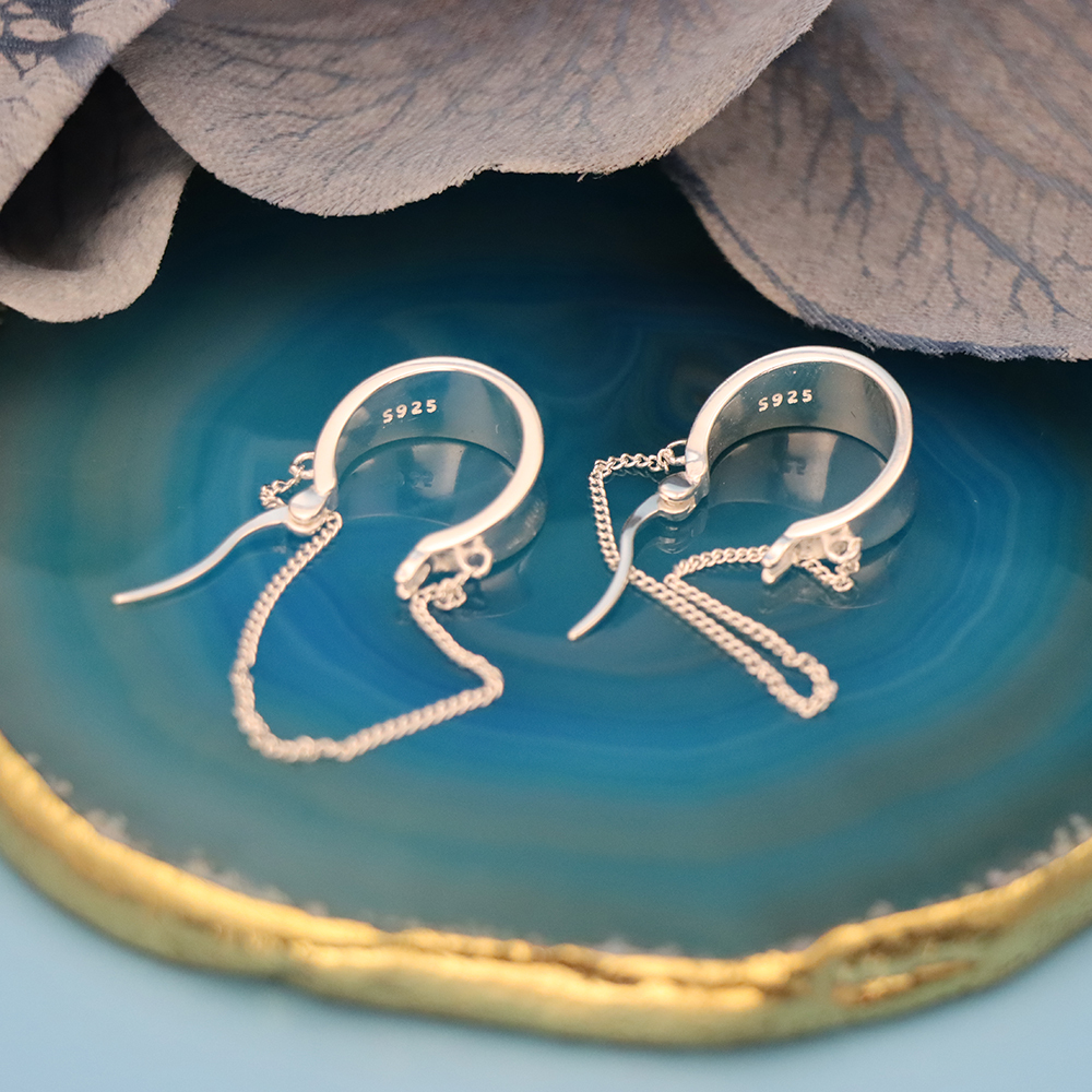S925 Sterling Silver Chain Tassel Ear Clasps, Wide-faced Hoop Earrings for Women
