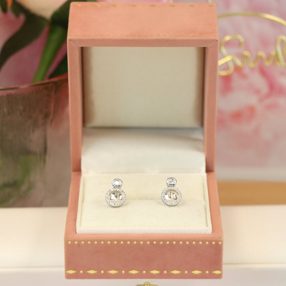 S925 Sterling Silver Round Hollow Stud Earrings with Full - Cut Zirconia - Elegant and Sparkling Jewelry for Women