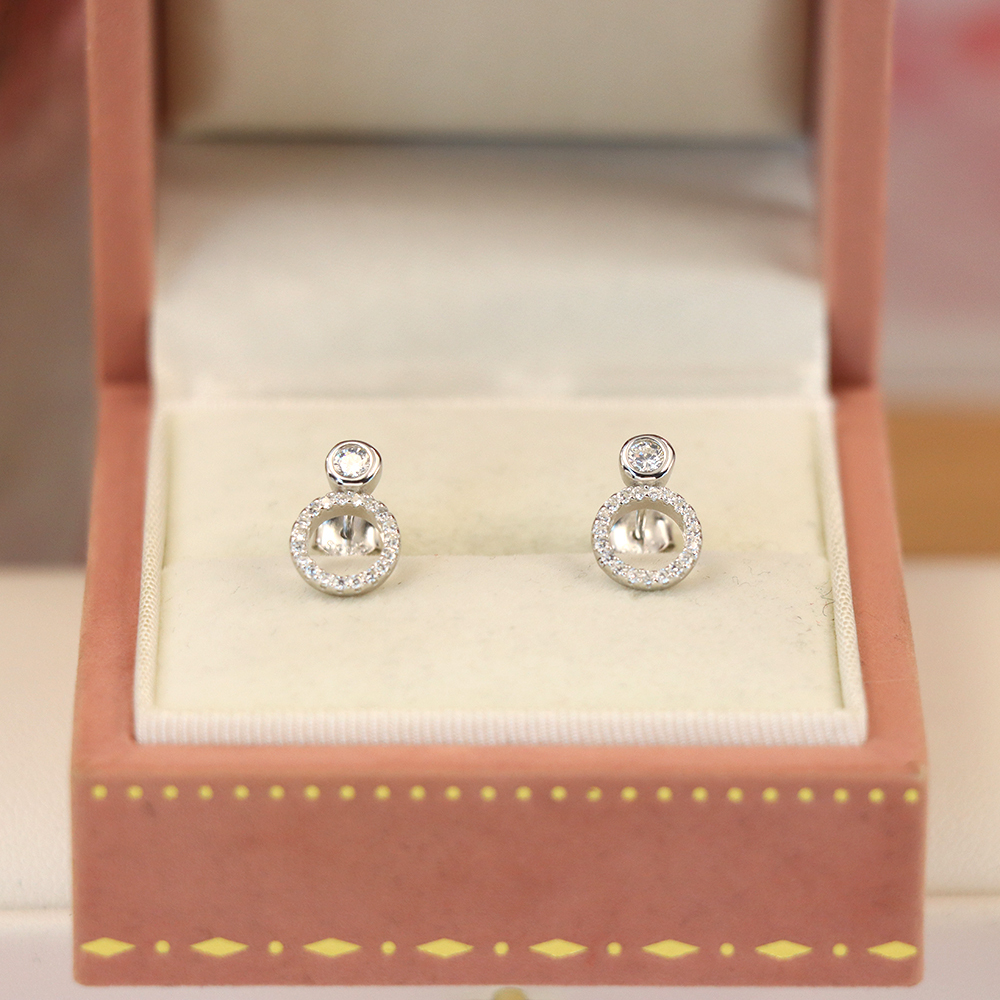 S925 Sterling Silver Round Hollow Stud Earrings with Full - Cut Zirconia - Elegant and Sparkling Jewelry for Women